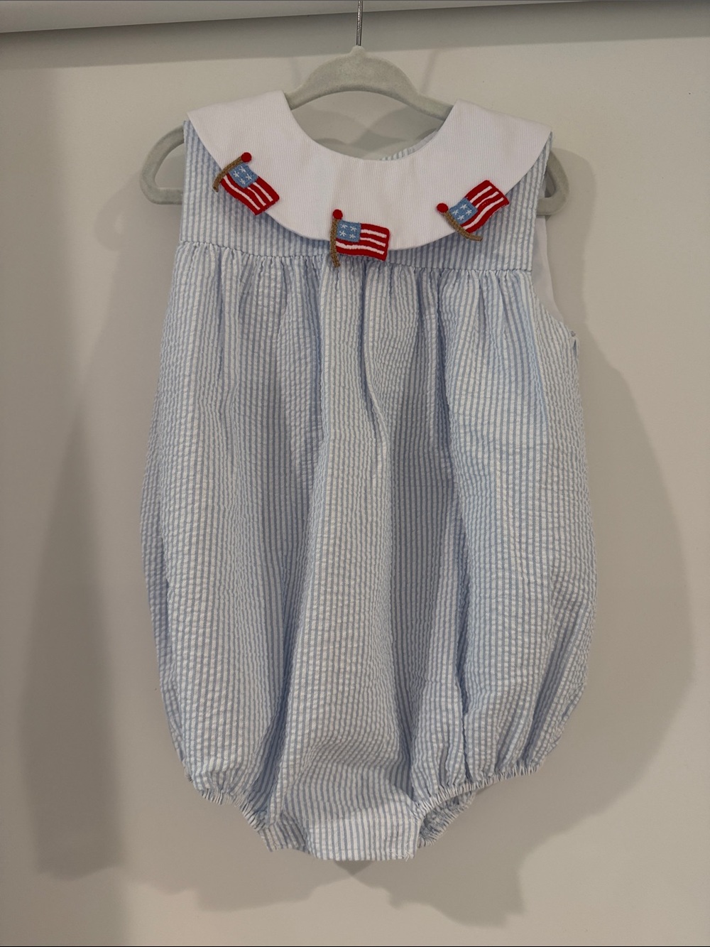 Little English Blue and White Seersucker Romper with Flag Appliqués